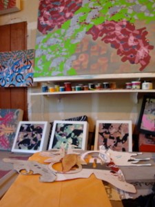 pistol stencils, which created the background's artwork